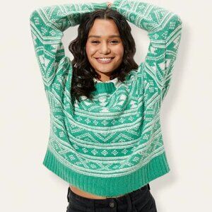 American Eagle Fairisle Snowdrift Long Sleeve Crewneck Sweater Green Size L NWT